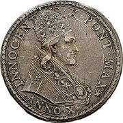 Italy Piastra Innocent X ND (1654) X KM# 279 INNOCENT S X PONT MAX ANNO X coin obverse Italy Piastra Innocent X ND (1654) X KM# 279 INNOCENT S X PONT MAX ANNO X coin obverse