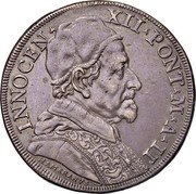 Italy Piastra Innocent XII ND ND(1692)-II KM# 558 INNOCEN XII PONT M A II HAMERANVS coin obverse Italy Piastra Innocent XII ND ND(1692)-II KM# 558 INNOCEN XII PONT M A II HAMERANVS coin obverse