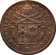 Italy Quattrino Gregorio XVI 1843 R XIII KM# 1318 GREGORIVS XVI PONT MAX A XIII R. coin obverse