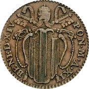Italy Quattrino Benedict XIV 1750 IX KM# 1171 BENED XIV PON M A XII coin obverse Italy Quattrino Benedict XIV 1750 IX KM# 1171 BENED XIV PON M A XII coin obverse