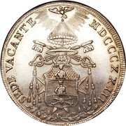 Italy Scudo Sede Vacante (1823) R MDCCCXXIII KM# 1293 SEDE VACANTE MDCCCXXIII. coin obverse Italy Scudo Sede Vacante (1823) R MDCCCXXIII KM# 1293 SEDE VACANTE MDCCCXXIII. coin obverse