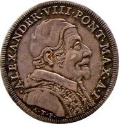 Italy Testone Alexander VIII 1689 I KM# 505 ALEXANDER VIII PONT MAX A I A T F coin obverse Italy Testone Alexander VIII 1689 I KM# 505 ALEXANDER VIII PONT MAX A I A T F coin obverse