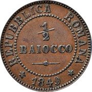 Italy 1/2 Baiocco Eagle in Wreath 1849 R KM# 21 REPUBBLICA ROMANA 1/2 BAIOCCO 1849 coin obverse