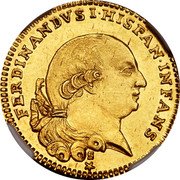 Italy 1/2 Doppia Ferdinando di Borbone 1789 S C# 17 FERDINANDVS I HISPAN INFANS S coin obverse Italy 1/2 Doppia Ferdinando di Borbone 1789 S C# 17 FERDINANDVS I HISPAN INFANS S coin obverse