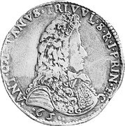 Italy 1/2 Filippo Antonio Gaetano 1686 KM# 26 ANT... TANVS TRIVVL S R I PRIN E C 65 coin obverse Italy 1/2 Filippo Antonio Gaetano 1686 KM# 26 ANT... TANVS TRIVVL S R I PRIN E C 65 coin obverse