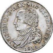 Italy 1/2 Scudo Vittorio Emanuele I 1814 ALAVY KM# 109 VIC EM D G REX SARD CYP ET IER A LAVY 1814 coin obverse Italy 1/2 Scudo Vittorio Emanuele I 1814 ALAVY KM# 109 VIC EM D G REX SARD CYP ET IER A LAVY 1814 coin obverse