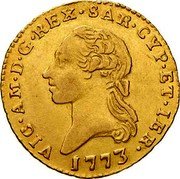 Italy 1/4 Doppia Vittorio Amedeo III 1773 KM# 75 VIC AM D G REX SAR CYP ET IER 1773 coin obverse Italy 1/4 Doppia Vittorio Amedeo III 1773 KM# 75 VIC AM D G REX SAR CYP ET IER 1773 coin obverse
