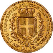 Italy 10 Lira Carlo Alberto 1839 F//P (a) KM# 136.1 DVX SAB GENVAE ET MONTISF PRINC PED &. L 10 coin reverse Italy 10 Lira Carlo Alberto 1839 F//P (a) KM# 136.1 DVX SAB GENVAE ET MONTISF PRINC PED &. L 10 coin reverse