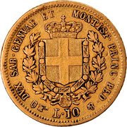 Italy 10 Lira Vittorio Emanuele II 1853 F//B (a) KM# 145.1 DVX SAB GENVAE ET MONTISE PRINC PED & B L 10 coin reverse Italy 10 Lira Vittorio Emanuele II 1853 F//B (a) KM# 145.1 DVX SAB GENVAE ET MONTISE PRINC PED & B L 10 coin reverse