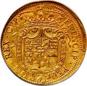 Italy 10 Scudo D'oro Carlo Emanuele II 1663 KM# 270.1 PRINCIP PEDE MON REX CYP coin reverse Italy 10 Scudo D'oro Carlo Emanuele II 1663 KM# 270.1 PRINCIP PEDE MON REX CYP coin reverse
