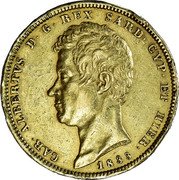 Italy 100 Lira Carlo Alberto 1833 FERRARIS//P (a) KM# 133.1 CAR ALBERTVS D G REX SARD CYP ET HIER 1835 coin obverse Italy 100 Lira Carlo Alberto 1833 FERRARIS//P (a) KM# 133.1 CAR ALBERTVS D G REX SARD CYP ET HIER 1835 coin obverse