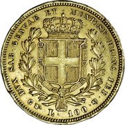Italy 100 Lira Carlo Alberto 1833 FERRARIS//P (a) KM# 133.1 DVX SAB GENVAE ET MONTISF PRINC PED &.L 100 coin reverse Italy 100 Lira Carlo Alberto 1833 FERRARIS//P (a) KM# 133.1 DVX SAB GENVAE ET MONTISF PRINC PED &.L 100 coin reverse
