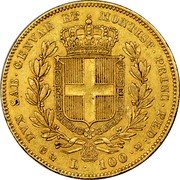 Italy 100 Lira Carlo Alberto 1840 FERRARIS//P (b) KM# 133.2 DVX SAB GENVAE ET MONTISF PRINC PED & P L 100 coin reverse Italy 100 Lira Carlo Alberto 1840 FERRARIS//P (b) KM# 133.2 DVX SAB GENVAE ET MONTISF PRINC PED & P L 100 coin reverse