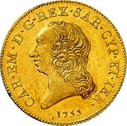 Italy 2-1/2 Doppie (1/2 Carlino) Carlo Emanuele III. Sardinia 1755 Superior Pipito sale 12-87 VF realized $13,750. KM# 52 CAR EM D G REX SAR CYP ET IER 1755 coin obverse Italy 2-1/2 Doppie (1/2 Carlino) Carlo Emanuele III. Sardinia 1755 Superior Pipito sale 12-87 VF realized $13,750. KM# 52 CAR EM D G REX SAR CYP ET IER 1755 coin obverse