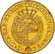 Italy 2-1/2 Doppie (1/2 Carlino) Carlo Emanuele III. Sardinia 1755 Superior Pipito sale 12-87 VF realized $13,750. KM# 52 DVX SAB ET MONTISFER PRINC PED & D 2 1/2 coin reverse Italy 2-1/2 Doppie (1/2 Carlino) Carlo Emanuele III. Sardinia 1755 Superior Pipito sale 12-87 VF realized $13,750. KM# 52 DVX SAB ET MONTISFER PRINC PED & D 2 1/2 coin reverse