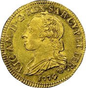 Italy 2 1/2 Doppiette (1/2 Carlino) Vittorio Amedeo III. Sardinia 1774 KM# 79 VIC AM D G REX SAR CYP ET IER 1773 coin obverse Italy 2 1/2 Doppiette (1/2 Carlino) Vittorio Amedeo III. Sardinia 1774 KM# 79 VIC AM D G REX SAR CYP ET IER 1773 coin obverse