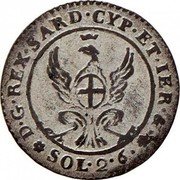 Italy 2.6 Soldo Carlo Emanuele IV 1798 KM# 101 D G REX SARD CYP ET IER & SOL 2.6 coin reverse Italy 2.6 Soldo Carlo Emanuele IV 1798 KM# 101 D G REX SARD CYP ET IER & SOL 2.6 coin reverse