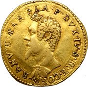 Italy 2 Doppie Ranuccio I 1615 PP MB# 35 RANVT FAR PLA P DVX IV S. R E CONF PER coin obverse Italy 2 Doppie Ranuccio I 1615 PP MB# 35 RANVT FAR PLA P DVX IV S. R E CONF PER coin obverse