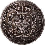 Italy 2 Lira Carlo Felice 1825 AL//L (a) KM# 122.1 DVX. SAB. GENVAE ET MONTISF. PRINC. PED. &. L 2 coin reverse Italy 2 Lira Carlo Felice 1825 AL//L (a) KM# 122.1 DVX. SAB. GENVAE ET MONTISF. PRINC. PED. &. L 2 coin reverse