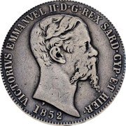 Italy 2 Lira Vittorio Emanuele II 1852 F//B (a) KM# 143.1 VICTORIVS EMANVEL II D G REX SARD CYP ET HIER 1850 coin obverse Italy 2 Lira Vittorio Emanuele II 1852 F//B (a) KM# 143.1 VICTORIVS EMANVEL II D G REX SARD CYP ET HIER 1850 coin obverse