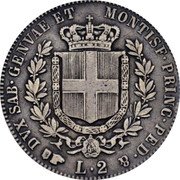 Italy 2 Lira Vittorio Emanuele II 1852 F//B (a) KM# 143.1 DVX SAB GENVAE ET MONTISF PRINCE PED & B L 2 coin reverse Italy 2 Lira Vittorio Emanuele II 1852 F//B (a) KM# 143.1 DVX SAB GENVAE ET MONTISF PRINCE PED & B L 2 coin reverse