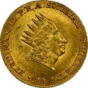 Italy 2 Oncia (Doppia Oncia) Ferdinando III. Triskeles 1814 VB KM# 252 FERDINAN III P F A SICILIAR ET HIER REX 1814 coin obverse Italy 2 Oncia (Doppia Oncia) Ferdinando III. Triskeles 1814 VB KM# 252 FERDINAN III P F A SICILIAR ET HIER REX 1814 coin obverse