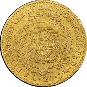 Italy 20 Lira Carlo Felice 1829 AL//P (b) KM# 118.2 DVX SAB GENVAE ET MONTISF PRINC PED &.L 20 coin reverse Italy 20 Lira Carlo Felice 1829 AL//P (b) KM# 118.2 DVX SAB GENVAE ET MONTISF PRINC PED &.L 20 coin reverse