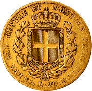 Italy 20 Lira Carlo Alberto 1835 F//P (b) KM# 131.2 DVX SAB GENVAE ET MONTISF PRINC PED &. L.20 coin reverse Italy 20 Lira Carlo Alberto 1835 F//P (b) KM# 131.2 DVX SAB GENVAE ET MONTISF PRINC PED &. L.20 coin reverse