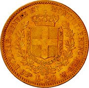 Italy 20 Lira Vittorio Emanuele II 1851 F//B (a) KM# 146.1 DVX SAB GENVAE ET MONTISF PRINC PED &. L 20 coin reverse Italy 20 Lira Vittorio Emanuele II 1851 F//B (a) KM# 146.1 DVX SAB GENVAE ET MONTISF PRINC PED &. L 20 coin reverse