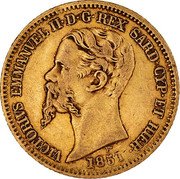 Italy 20 Lira Vittorio Emanuele II 1851 F//P (b) KM# 146.2 VICTORIVS EMMANVEL II D G REX SARD CYP ET HIER 1858 coin obverse Italy 20 Lira Vittorio Emanuele II 1851 F//P (b) KM# 146.2 VICTORIVS EMMANVEL II D G REX SARD CYP ET HIER 1858 coin obverse