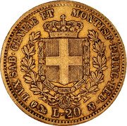 Italy 20 Lira Vittorio Emanuele II 1851 F//P (b) KM# 146.2 DVX SAB GENVAE ET MONTISF PRINC PED & P L.20 coin reverse Italy 20 Lira Vittorio Emanuele II 1851 F//P (b) KM# 146.2 DVX SAB GENVAE ET MONTISF PRINC PED & P L.20 coin reverse