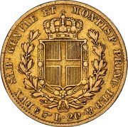 Italy 20 Lira Carlo Alberto 1834 F//P KM# 131.1 DVX SAB GENVAE ET MONTISF PRINC PED &.L 20 coin reverse Italy 20 Lira Carlo Alberto 1834 F//P KM# 131.1 DVX SAB GENVAE ET MONTISF PRINC PED &.L 20 coin reverse