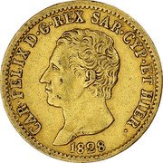 Italy 20 Lira Carlo Felice 1828 AL//L (a) KM# 118.1 CAR FELIX D G REX SAR CP ET HIER 1828 coin obverse Italy 20 Lira Carlo Felice 1828 AL//L (a) KM# 118.1 CAR FELIX D G REX SAR CP ET HIER 1828 coin obverse