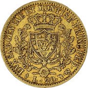 Italy 20 Lira Carlo Felice 1828 AL//L (a) KM# 118.1 DVX SAB GENVAE ET MONTISF PRINC PED &. L 20 coin reverse Italy 20 Lira Carlo Felice 1828 AL//L (a) KM# 118.1 DVX SAB GENVAE ET MONTISF PRINC PED &. L 20 coin reverse