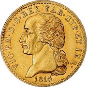 Italy 20 Lira Vittorio Emanuele I 1816 AL//L (a) KM# 114 VIC EM D G REX SAR CYP ET IER 1818 coin obverse Italy 20 Lira Vittorio Emanuele I 1816 AL//L (a) KM# 114 VIC EM D G REX SAR CYP ET IER 1818 coin obverse