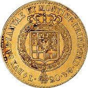 Italy 20 Lira Vittorio Emanuele I 1816 AL//L (a) KM# 114 DVX SAB IANVAE ET MONTISF PRINC PED L 20 coin reverse Italy 20 Lira Vittorio Emanuele I 1816 AL//L (a) KM# 114 DVX SAB IANVAE ET MONTISF PRINC PED L 20 coin reverse