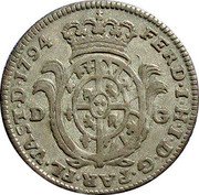 Italy 20 Soldo Ferdinando di Borbone 1794 C# 7 FERD I H I D G PAR PL VAST D 1793 D G coin obverse Italy 20 Soldo Ferdinando di Borbone 1794 C# 7 FERD I H I D G PAR PL VAST D 1793 D G coin obverse