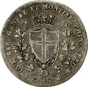 Italy 25 Centesimi Carlo Felice 1829 F//P (b) KM# 128.2 DVX SAB GENVAE ET MONTISF PRINC PED & C 25 coin reverse Italy 25 Centesimi Carlo Felice 1829 F//P (b) KM# 128.2 DVX SAB GENVAE ET MONTISF PRINC PED & C 25 coin reverse