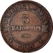 Italy 3 Baiocchi Eagle in Wreath 1849 B KM# 23.2 REPUBBLICA ROMANA 1849 3 BAIOCCHI coin obverse Italy 3 Baiocchi Eagle in Wreath 1849 B KM# 23.2 REPUBBLICA ROMANA 1849 3 BAIOCCHI coin obverse