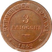 Italy 3 Baiocchi Eagle in Wreath 1849 R KM# 23.1 REPUBBLICA ROMANIA 1849 3 BAIOCCHI coin obverse Italy 3 Baiocchi Eagle in Wreath 1849 R KM# 23.1 REPUBBLICA ROMANIA 1849 3 BAIOCCHI coin obverse