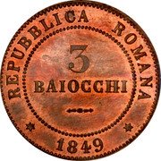 Italy 3 Baiocchi 1849 R KM# 23.3 Roman Republic/ Second Republic Standard Coinage REPUBBLICA ROMANA 3 BAIOCCHI 1849 coin obverse Italy 3 Baiocchi 1849 R KM# 23.3 Roman Republic/ Second Republic Standard Coinage REPUBBLICA ROMANA 3 BAIOCCHI 1849 coin obverse
