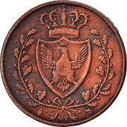 Italy 3 Centesimi Carlo Felice 1826 MV-L (a) Struck with plain edges, though one strike with trace of edge reeding is known KM# 126.1 L M V coin reverse Italy 3 Centesimi Carlo Felice 1826 MV-L (a) Struck with plain edges, though one strike with trace of edge reeding is known KM# 126.1 L M V coin reverse