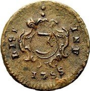 Italy 3 Picciolo Carlo 1755 PN KM# 186 HISP INF 1755 3 coin reverse Italy 3 Picciolo Carlo 1755 PN KM# 186 HISP INF 1755 3 coin reverse