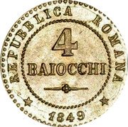 Italy 4 Baiocchi Eagle in Wreath 1849 R KM# 24 REPUBBLICA ROMANA 4 BAIOCCHI 1849 coin obverse Italy 4 Baiocchi Eagle in Wreath 1849 R KM# 24 REPUBBLICA ROMANA 4 BAIOCCHI 1849 coin obverse
