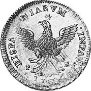 Italy 4 Tari Carlo 1736 FN KM# 157 HISPA NIARVM INFANS F N 1736 coin reverse Italy 4 Tari Carlo 1736 FN KM# 157 HISPA NIARVM INFANS F N 1736 coin reverse