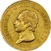Italy 40 Lira Carlo Felice 1825 AL//L (a) KM# 120.1 CAR FELIX D G REX SAR CYP ET HIER 1822 coin obverse Italy 40 Lira Carlo Felice 1825 AL//L (a) KM# 120.1 CAR FELIX D G REX SAR CYP ET HIER 1822 coin obverse