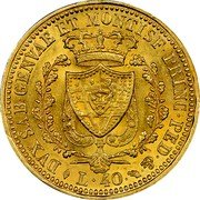 Italy 40 Lira Carlo Felice 1825 AL//L (a) KM# 120.1 DVX SAB GENVAE ET MONTISF PRINC PED & L 40 coin reverse Italy 40 Lira Carlo Felice 1825 AL//L (a) KM# 120.1 DVX SAB GENVAE ET MONTISF PRINC PED & L 40 coin reverse