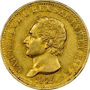 Italy 40 Lira Carlo Felice 1825 AL//P (b) KM# 120.2 CAR FELIX D G REX SAR CYP ET HEIR 1825 coin obverse Italy 40 Lira Carlo Felice 1825 AL//P (b) KM# 120.2 CAR FELIX D G REX SAR CYP ET HEIR 1825 coin obverse