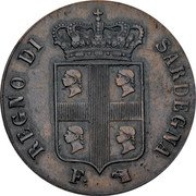 Italy 5 Centesimi Carlo Alberto 1842 F (a) KM# 140 REGNO DI SARDEGNA F coin obverse Italy 5 Centesimi Carlo Alberto 1842 F (a) KM# 140 REGNO DI SARDEGNA F coin obverse