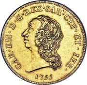 Italy 5 Doppie (Carlino) Carlo Emanuele III. Sardinia 1755 Stack's International sale 3-88 VF-XF realized $12,100. KM# 53 CAR EM D G REX SAR CYP ET IER 1755 coin obverse Italy 5 Doppie (Carlino) Carlo Emanuele III. Sardinia 1755 Stack's International sale 3-88 VF-XF realized $12,100. KM# 53 CAR EM D G REX SAR CYP ET IER 1755 coin obverse